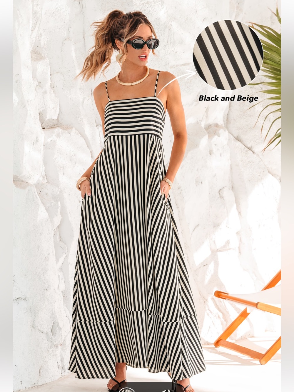 NWT Cupshe Black and Beige Striped Spaghetti-Strap Maxi Dress in size L,XL,XXL